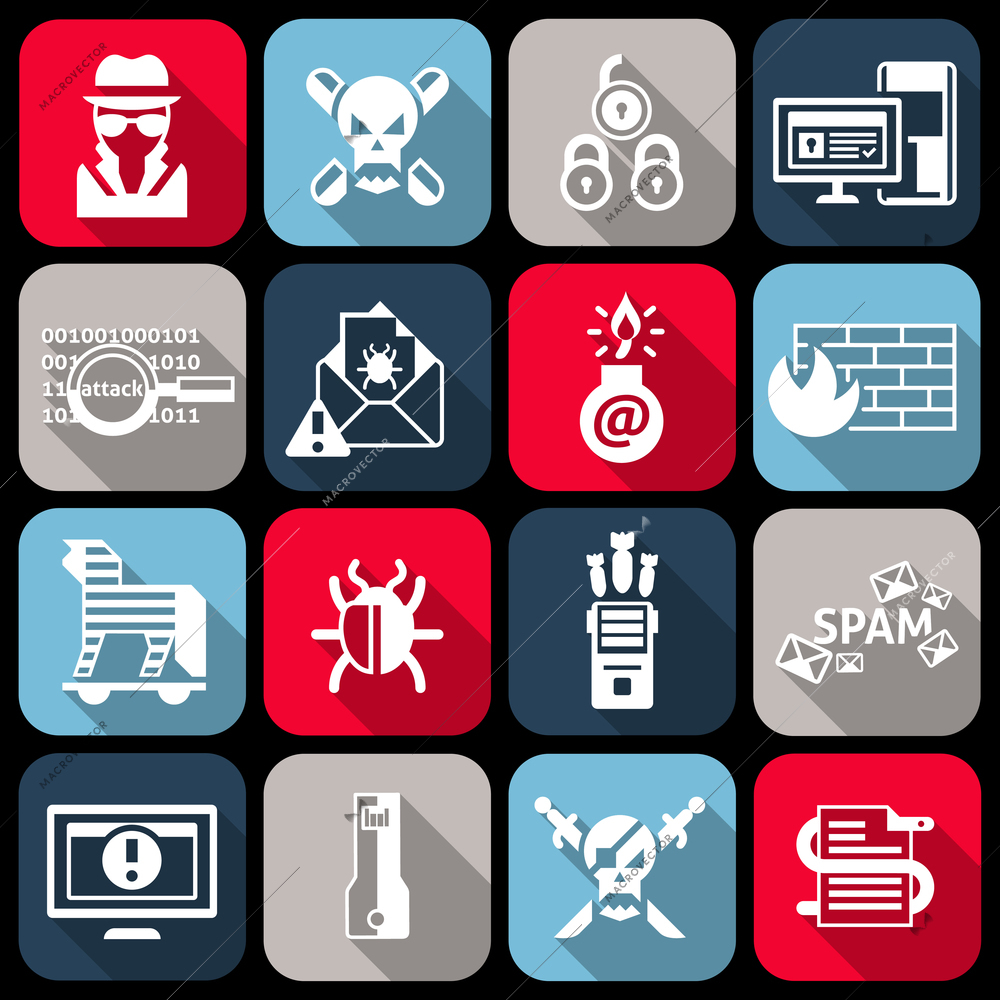 Hacker web protection icons flat set with virus worm crack isolated vector illustration