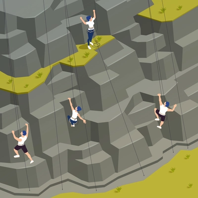 Artificial rock climbing wall outdoor sport workout training using top roping technique isometric composition vector illustration