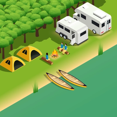 Kayak rafting downstream tours isometric composition with canoe trip camping spot on river bank vector illustration