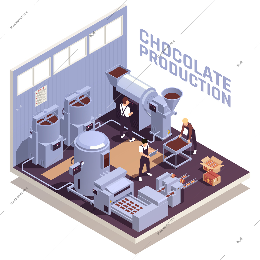 Chocolate production facility isomeric view with workers operating roasting crushing sifting melting bars forming machinery vector illustration