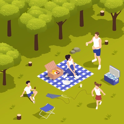 Family picnic on grass with cooling box food basket playing kids talking parents tablecloth isometric vector illustration