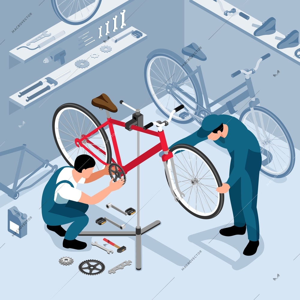 Bicycle maintenance in workshop isometric background with two workers installing bike parts after repair vector illustration