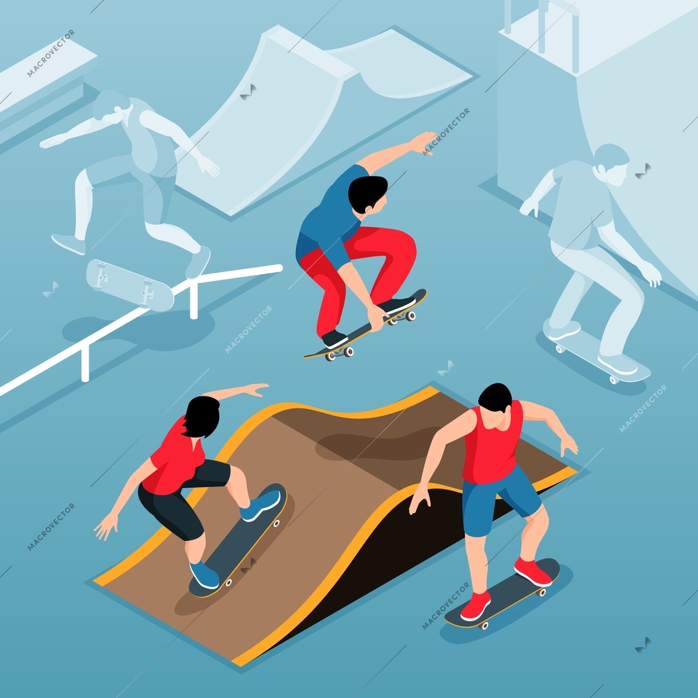 Skate park isometric background with teens training on skateboards using constructions for jumping stunts vector illustration