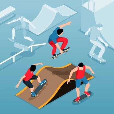 Skate park isometric background with teens training on skateboards using constructions for jumping stunts vector illustration