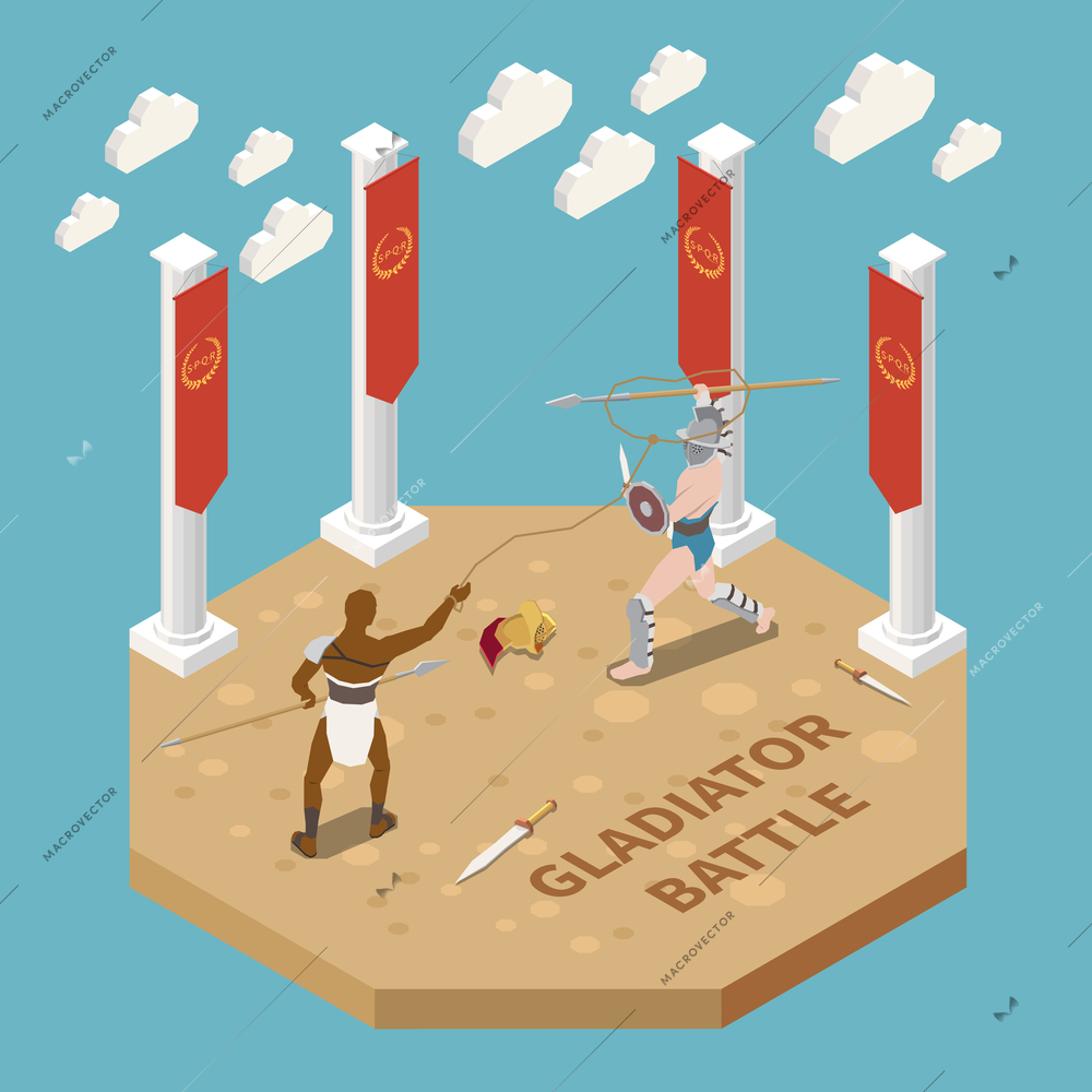 Gladiator battle isometric background with two medieval athletic characters fighting on arena vector illustration