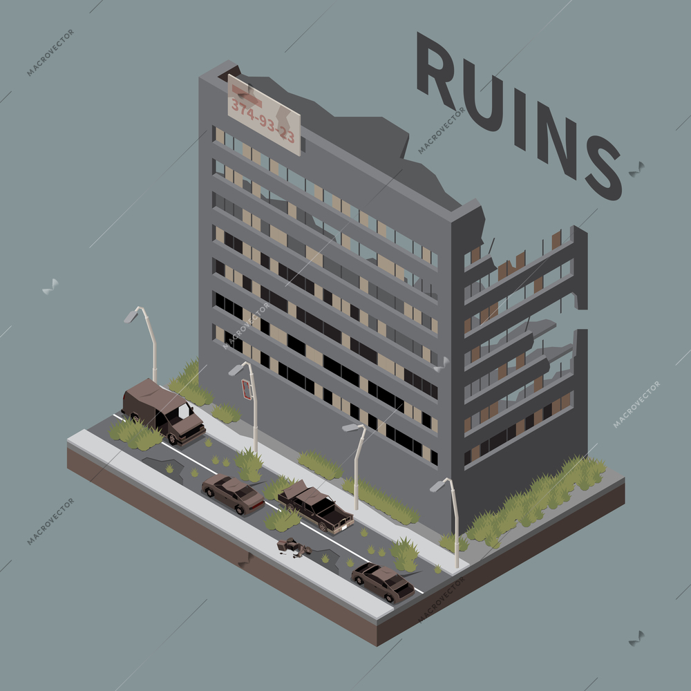 Ruins isometric grey background with post apocalypse destroyed empty multistoried city building vector illustration