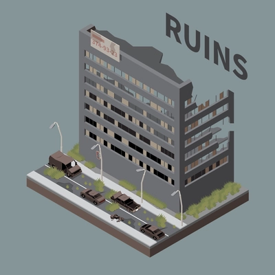 Ruins isometric grey background with post apocalypse destroyed empty multistoried city building vector illustration