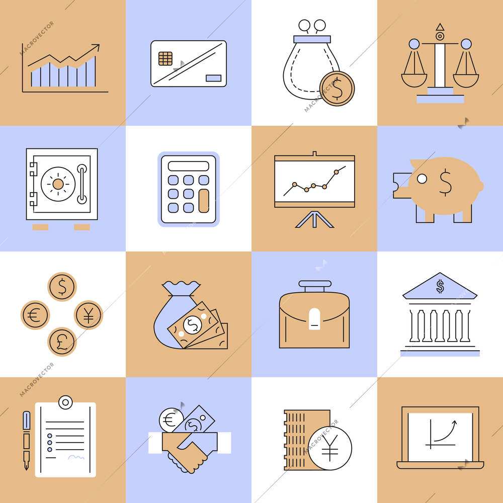 Finance flat line icons set with cash handshake calculator isolated vector illustration