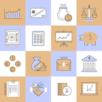 Finance flat line icons set with cash handshake calculator isolated vector illustration