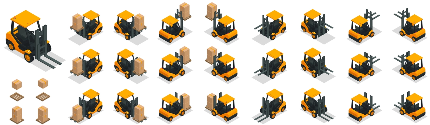 Isometric modern warehouse icon set boxes storage pallets and yellow storage car from different angles carries boxes vector illustration