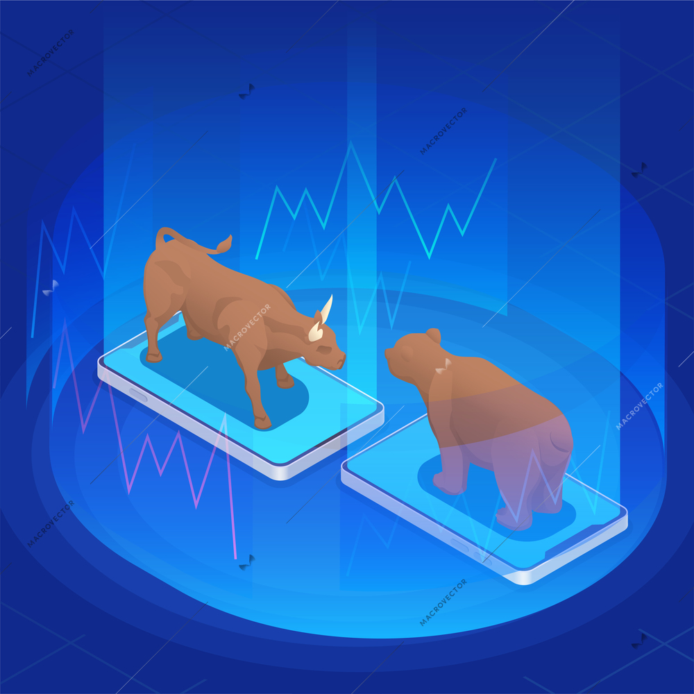 Stock exchange financial market trading colored isometric composition two investors the bear and the bull bump heads vector illustration