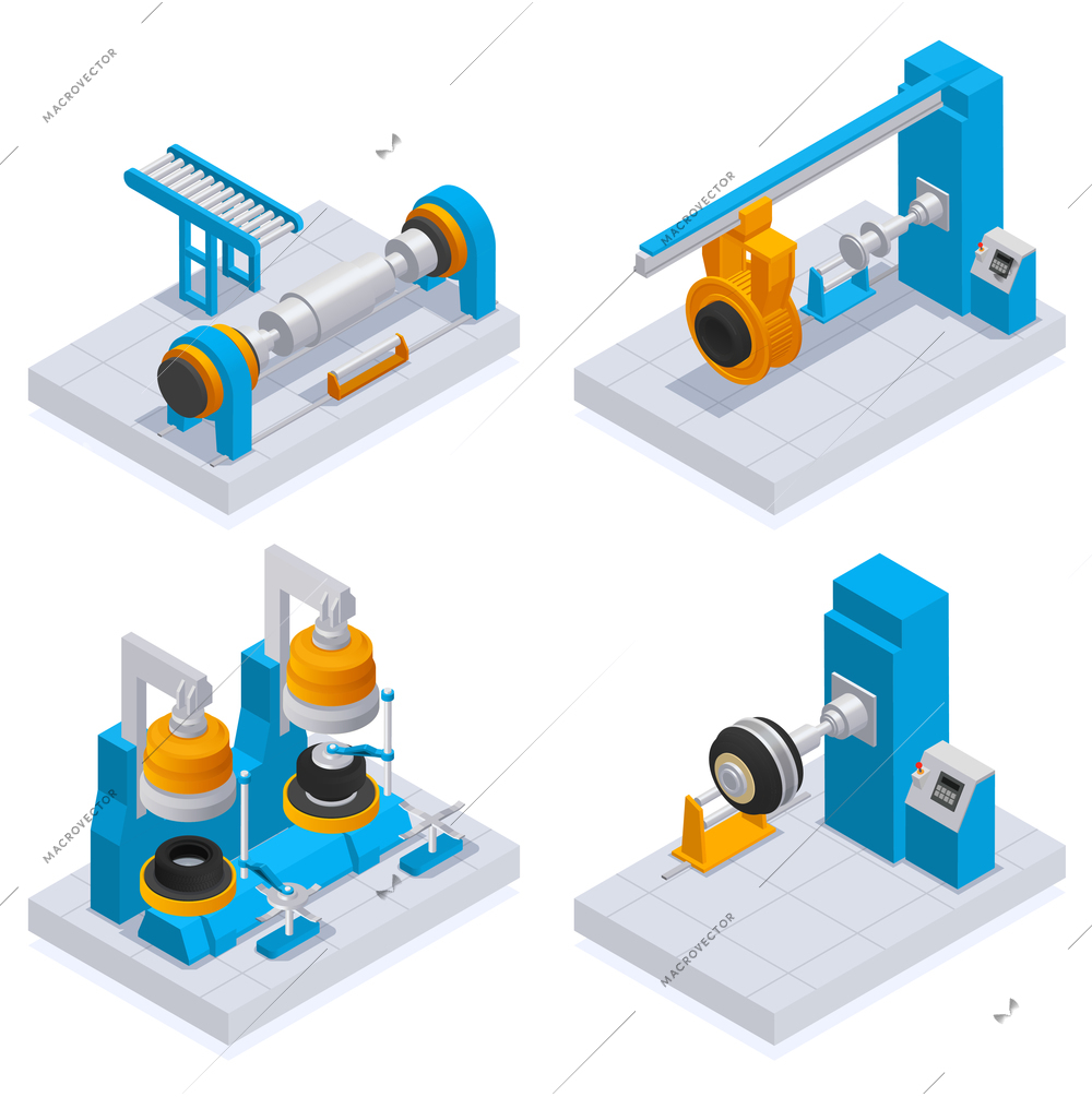 Tire production service isometric colored icon set four different tire manufacturing machines in the factory vector illustration