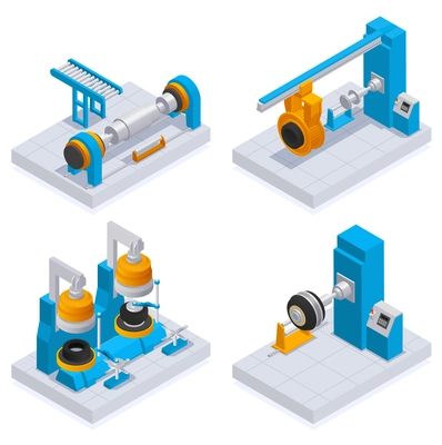 Tire production service isometric colored icon set four different tire manufacturing machines in the factory vector illustration