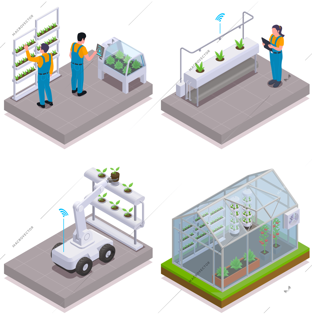 Modern greenhouse isometric icon set smart sprinklers for seedlings robot for working with plants and greenhouse with climate control vector illustration