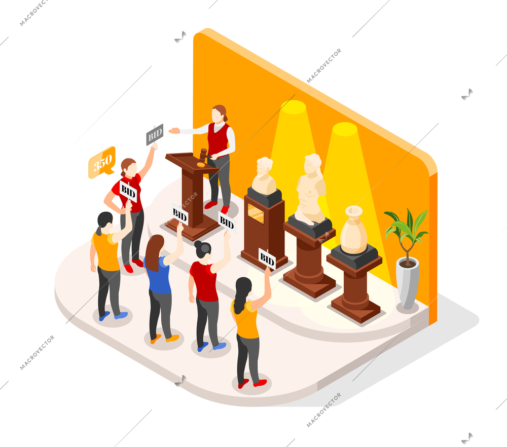 Auction isometric composition with luxury booth and antique goods on pedestals with human characters of bidders vector illustration