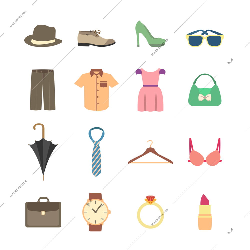 Fashion and clothes accessories icons of pants shirt dress and bra vector illustration