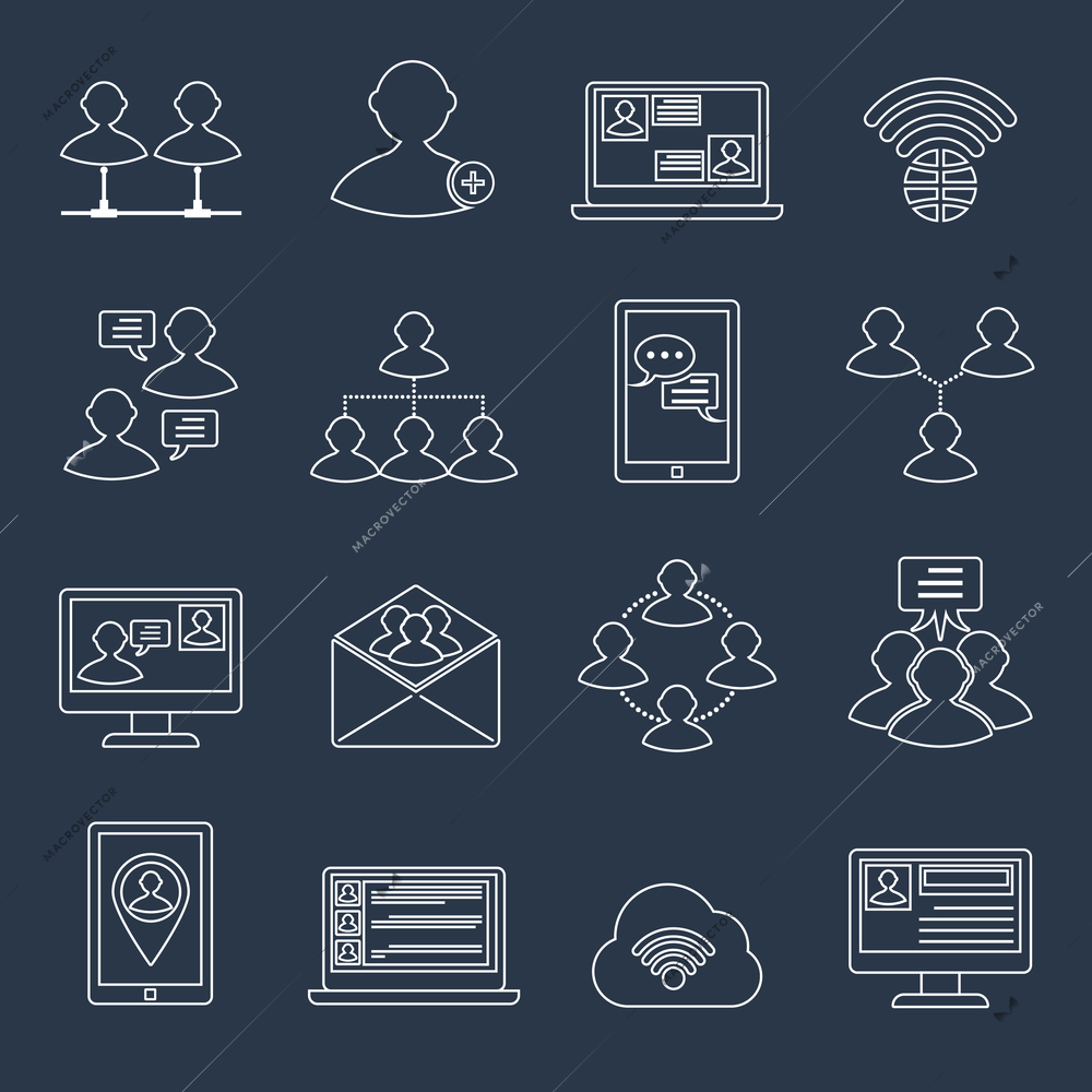 Global people mobile phone and tablets communication social connection outline icons set isolated vector illustration