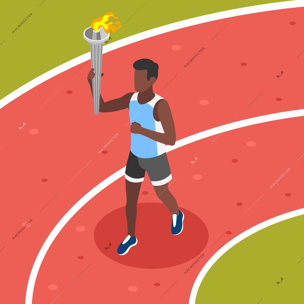 International olympic day isometric background with view of running track with african american athlete carrying flame vector illustration