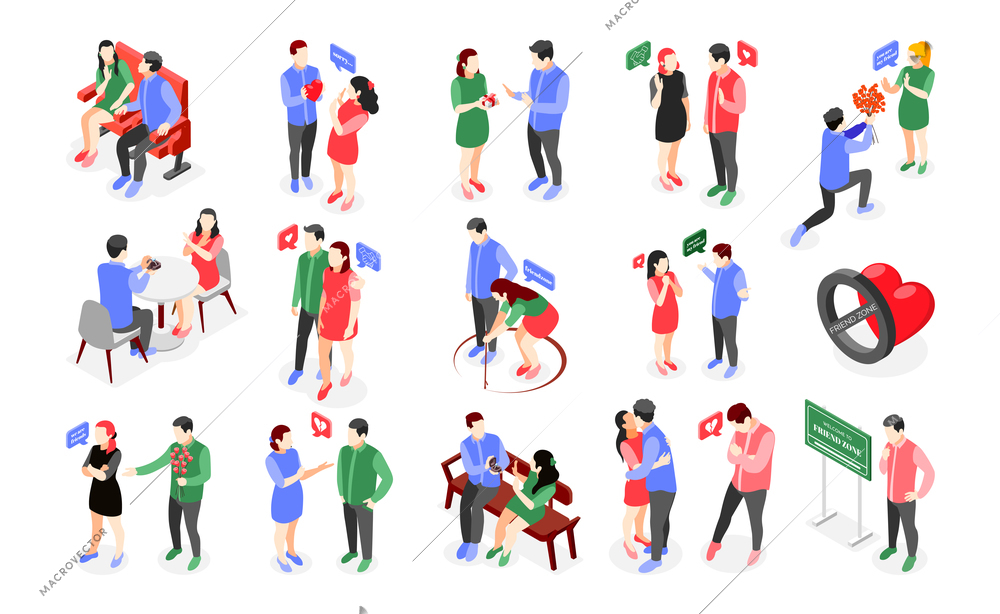 Friendzone isometric icons collection with isolated human characters of male and female lovers having unsuccessful dates vector illustration