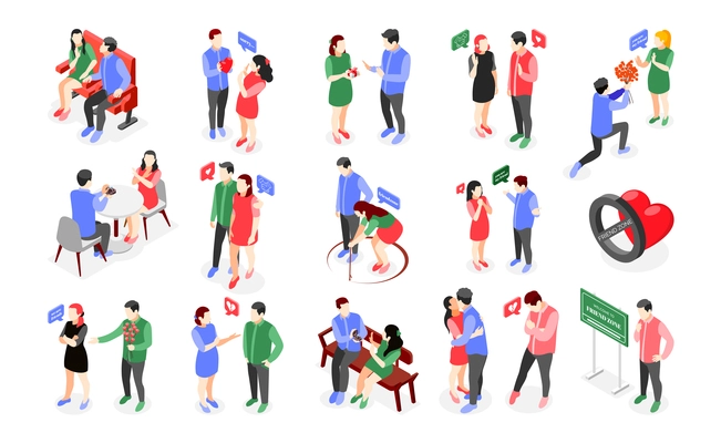 Friendzone isometric icons collection with isolated human characters of male and female lovers having unsuccessful dates vector illustration