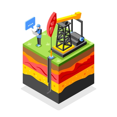 Geodesy isometric composition with profile view of ground with layers and pump unit with human worker vector illustration