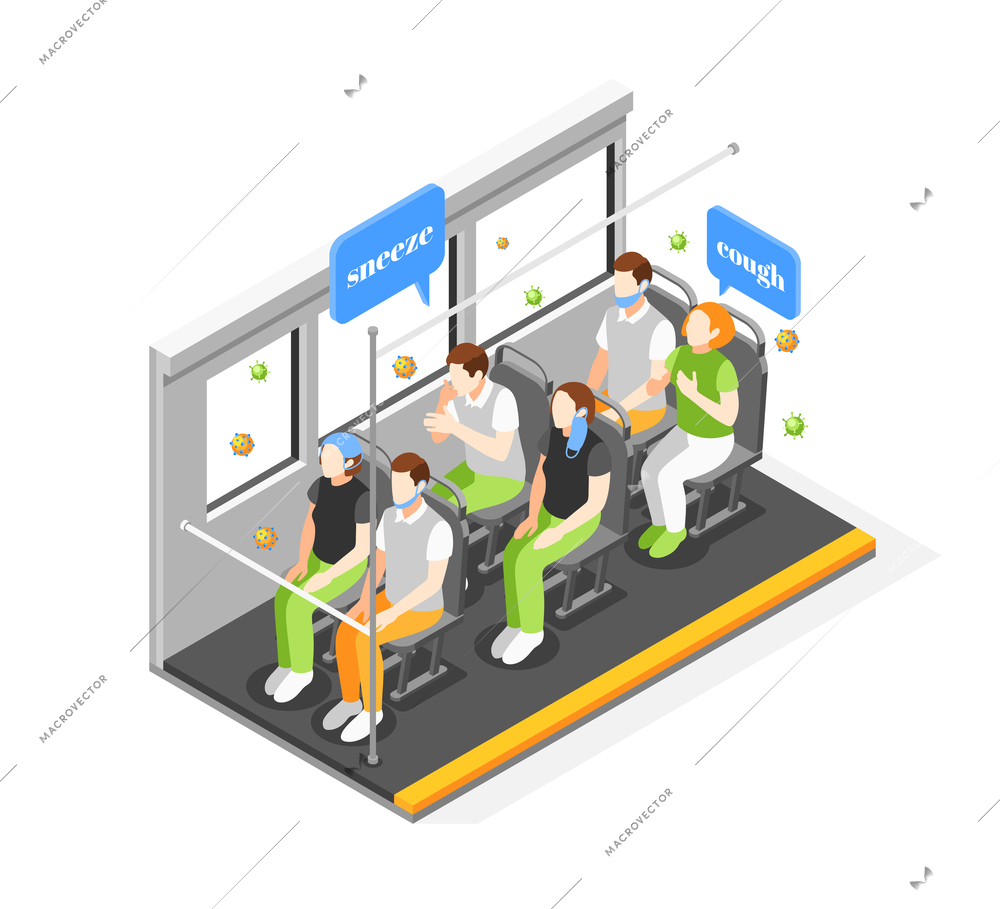 Public transport problems isometric composition with inside view of bus with passengers on seats and viruses vector illustration