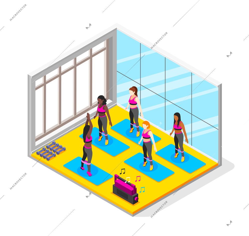 Resistance band exercises isometric composition with indoor view of gym class with female teacher and women vector illustration