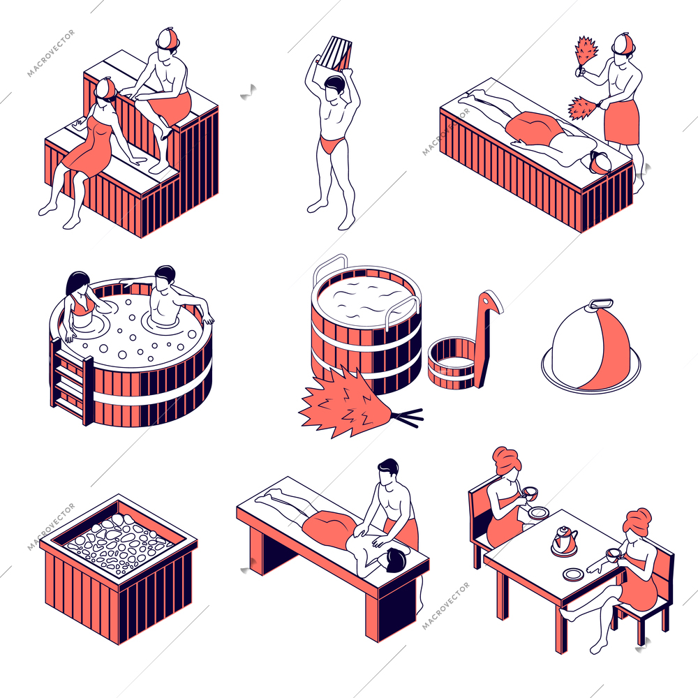 Sauna isometric color thin line icons on white background with steaming jacuzzi massage procedures isolated vector illustration