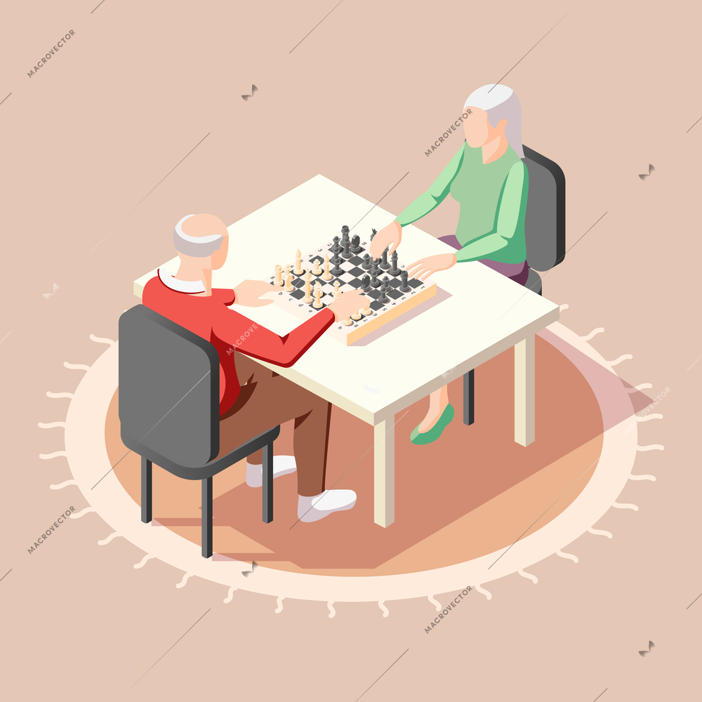 Two elderly male characters playing chess sitting at table indoors isometric background vector illustration