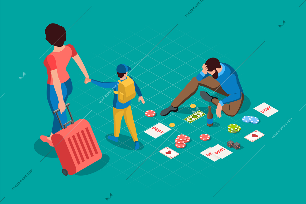 Casino isometric background with father oppressed by losing and mother leaving with suitcase and holding hand of her child vector illustration
