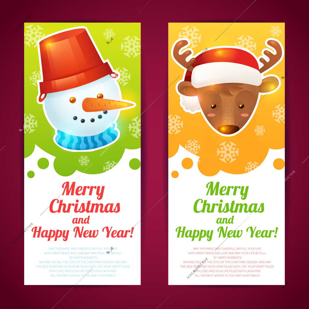 Merry christmas vertical banners with deer and snowman isolated vector illustration