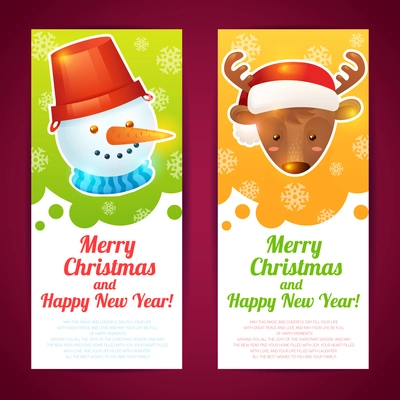 Merry christmas vertical banners with deer and snowman isolated vector illustration