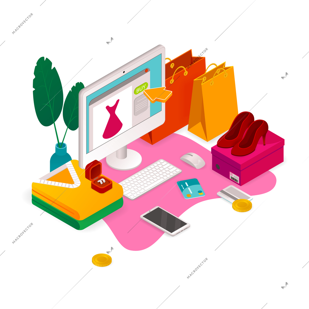 E-commerce isometric composition with images of computer and shopping bags with female accessories and money vector illustration