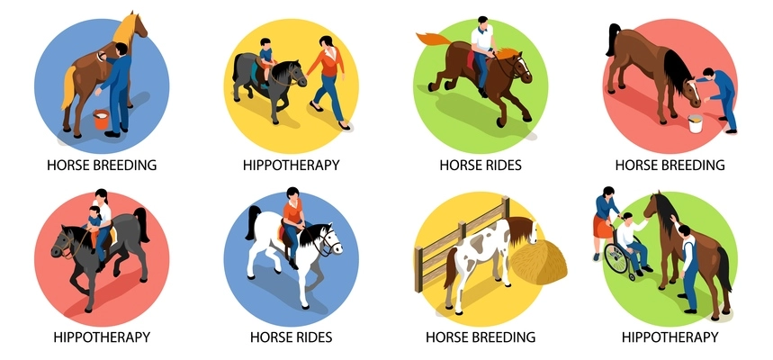 Hippotherapy round compositions set with people riding stroking and looking after horses isolated 3d isometric vector illustration