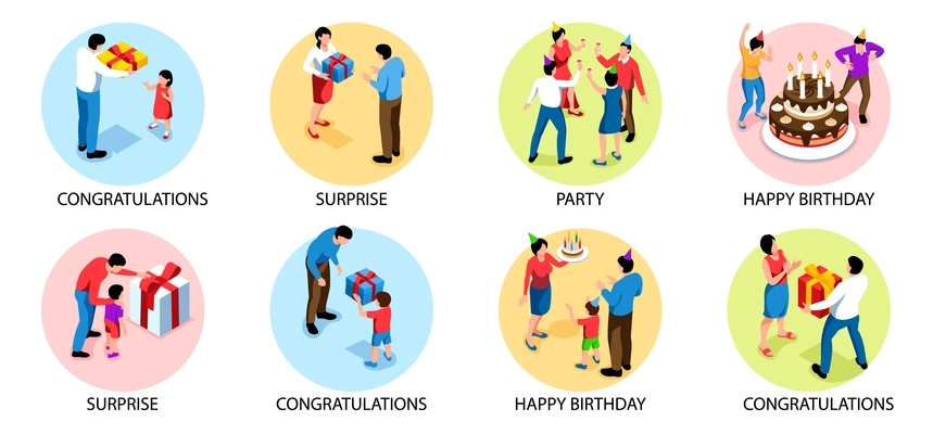 Isometric birthday party design concept with happy people children congratulations surprise cake isolated 3d vector illustration