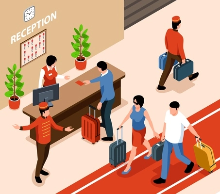 Hotel reception interior desk human characters of visitors and staff isometric vector illustration