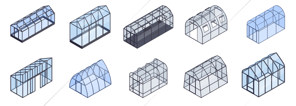 Isometric greenhouse color icon set square and oval rounds sizes with straight and sloping roofs vector illustration