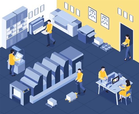 Isometric polygraphy house composition with indoor view of production department with machinery computers and staff members vector illustration