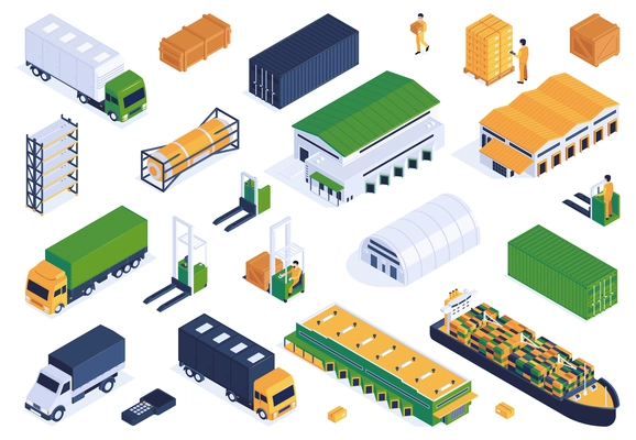 Isometric logistic set of isolated icons with warehouse buildings pallet stacks and trucks with forklift operators vector illustration