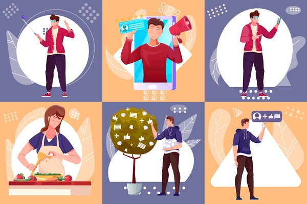 Blogger six square compositions of people representing new product by smartphone through personal social channels flat vector illustration