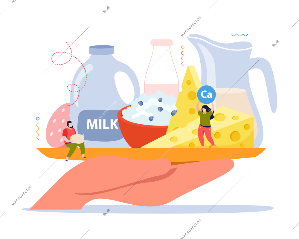 Milk usage design concept with human hand holding plate with dairy products vector illustration