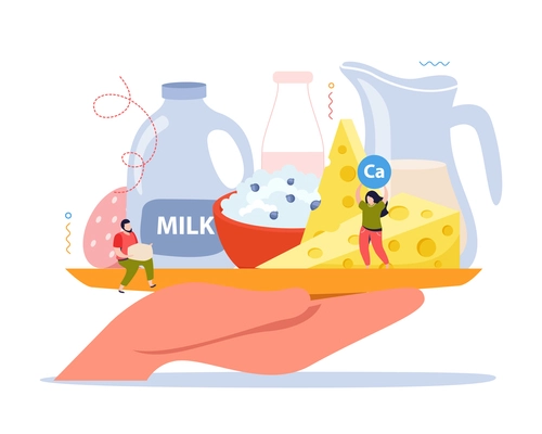 Milk usage design concept with human hand holding plate with dairy products vector illustration