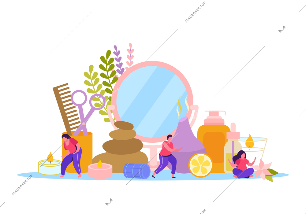 Aromatherapy flat colored composition with set of essential oils incense candles wildflowers and herbs on white background vector illustration