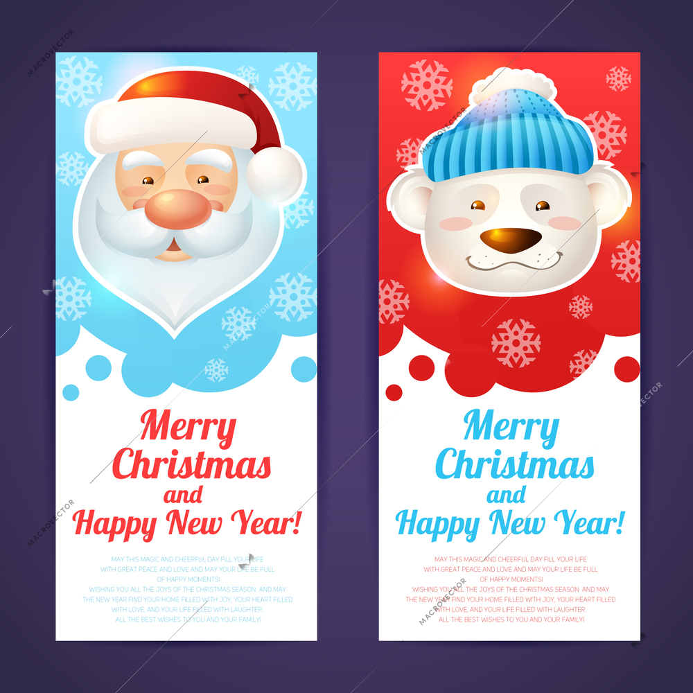 Merry christmas vertical banners with santa claus and polar bear isolated vector illustration