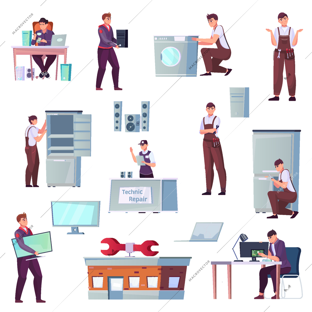 Small icons about the work of the repair service on a white background flat vector illustration