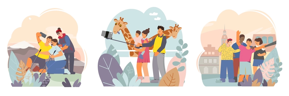 People take selfies at the zoo when traveling and when meeting with friends flat vector illustration