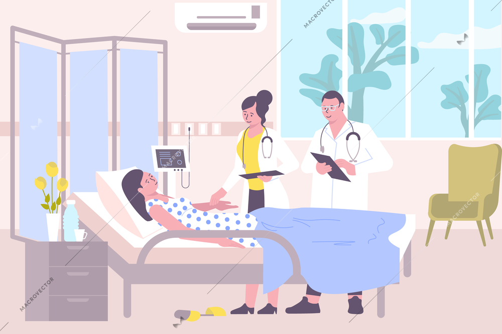 Doctor in hospital flat composition with indoor scenery of observation ward patient in bed and doctors vector illustration