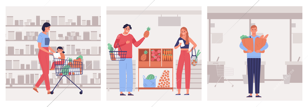 Shopping in supermarket flat design concept with people buying grocery products with trolley basket paper bag isolated vector illustration