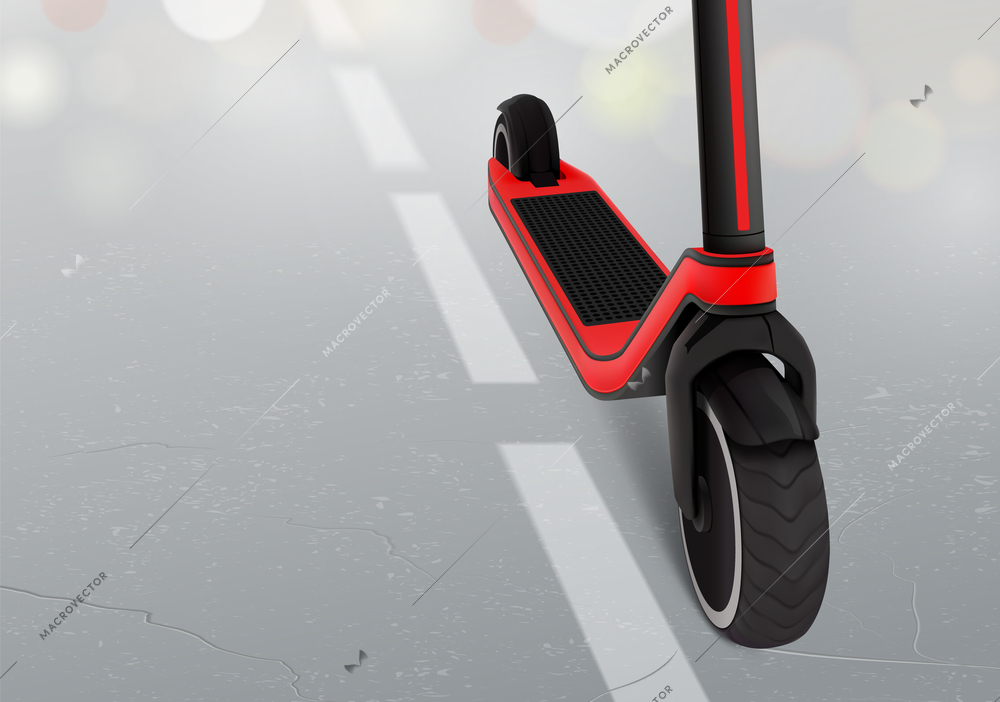 Electric scooter riding on asphalt road near marking line horizontal poster realistic vector illustration