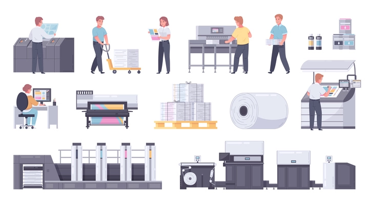 Printing house polygraphy cartoon icon set with paper rolls color print cartridges large technical printers quality control staff vector illustration